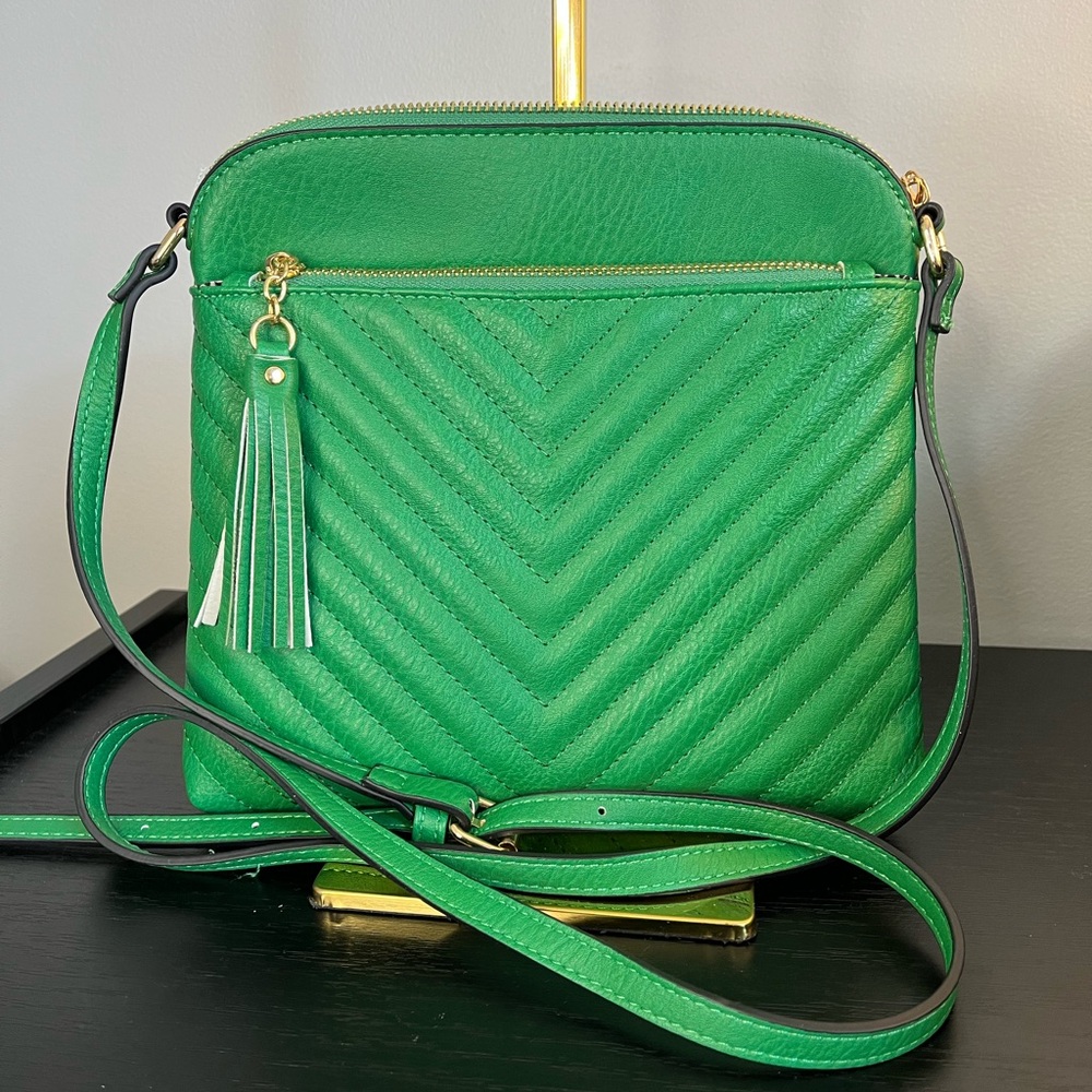 Green Vegan Leather Crossbody Handbag Purse Chevron